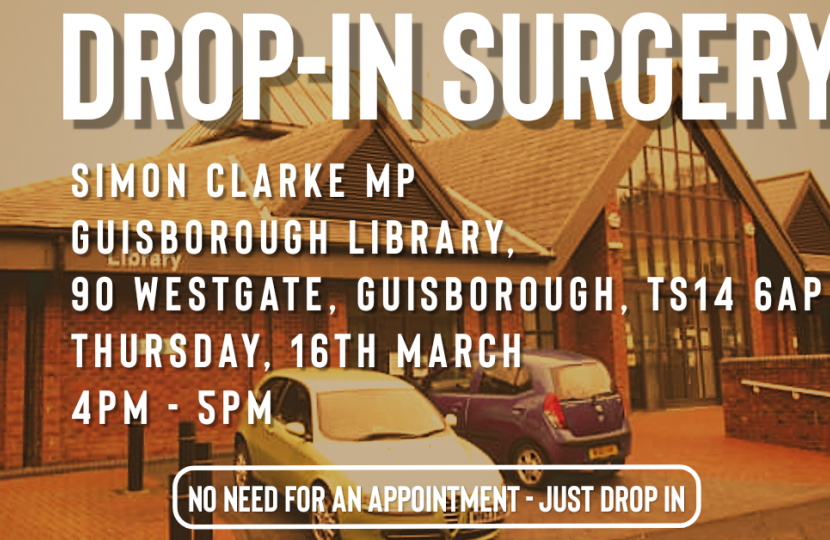 I will be at Guisborough Library, at 90 Westgate, Guisborough, to meet constituents face-to-face in a drop-in surgery on Thursday, March 16th, from 4pm-5pm.